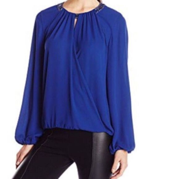 BCBGMAXAZRIA Kaelyn Satin Jewel Neckline Blouse New Size Large - Picture 1 of 6